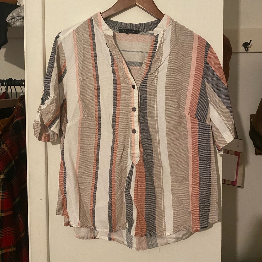 Tahari Women’s Striped Blouse with button neck top